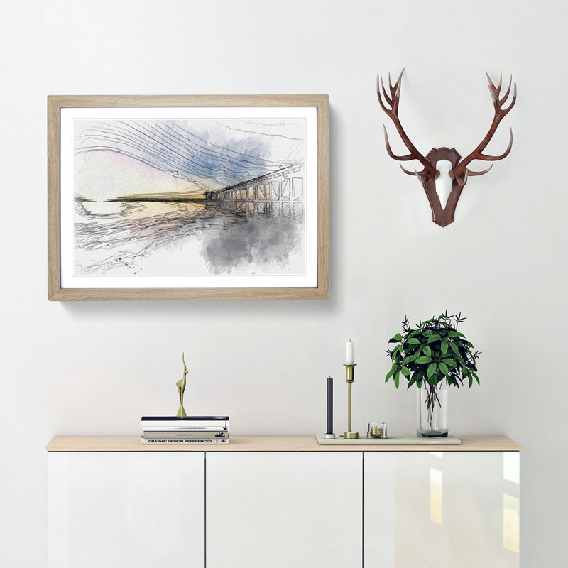 Pier in San Diego Sketch - Picture Frame Graphic Art Print, Oak Framed, 40cm H x 60cm W x 2cm D
