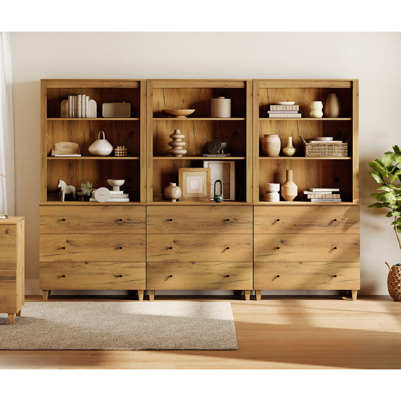 Lysiane 71 Inches Tall Bookcase With 9 Drawers, 3-Tier Bookshelf With Open Shelves For Home Office, Living Room, 106" Wide, 3 Column