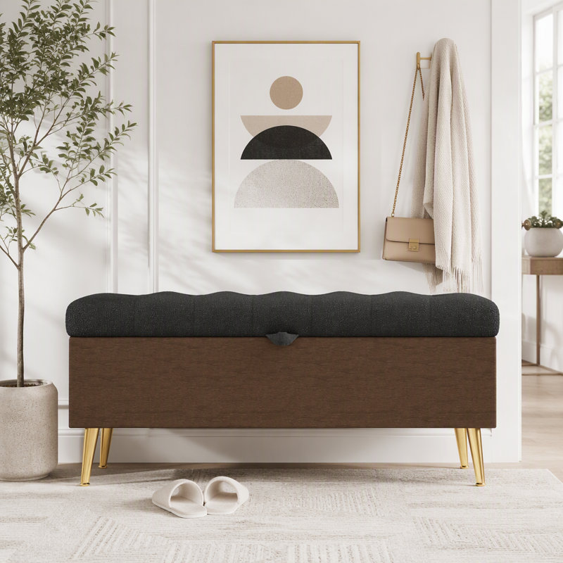 Boucle Upholstered Storage Bench, Grey, Grey