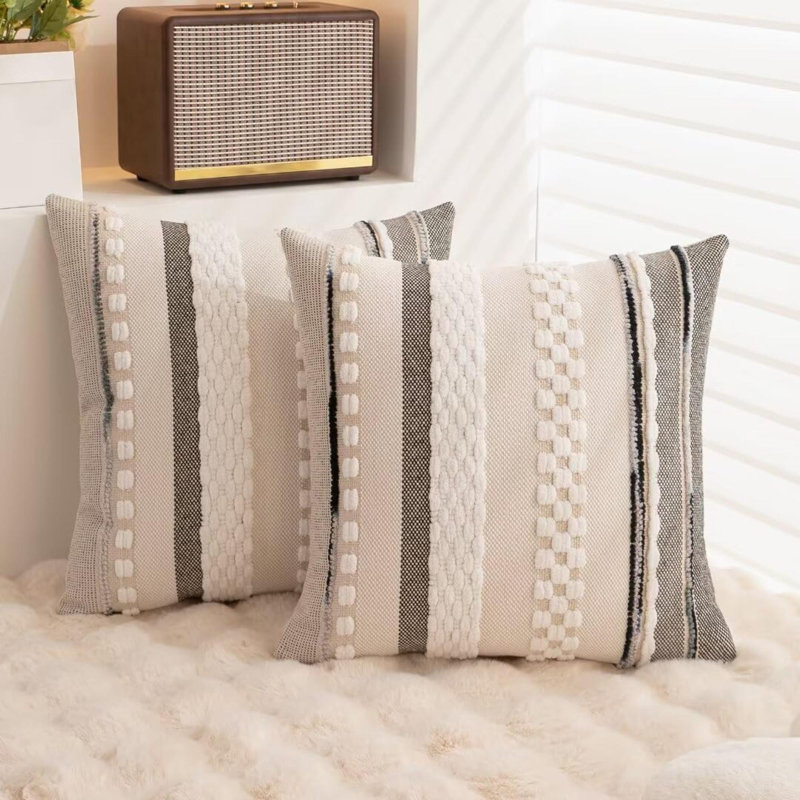 Boho Throw Pillow Covers  Set Of 2 Farmhouse Decorative Cushion Case Striped Square Pillows Cover Chenille Pillow Cases Accent Neutral Pillowcase For Sofa Couch
