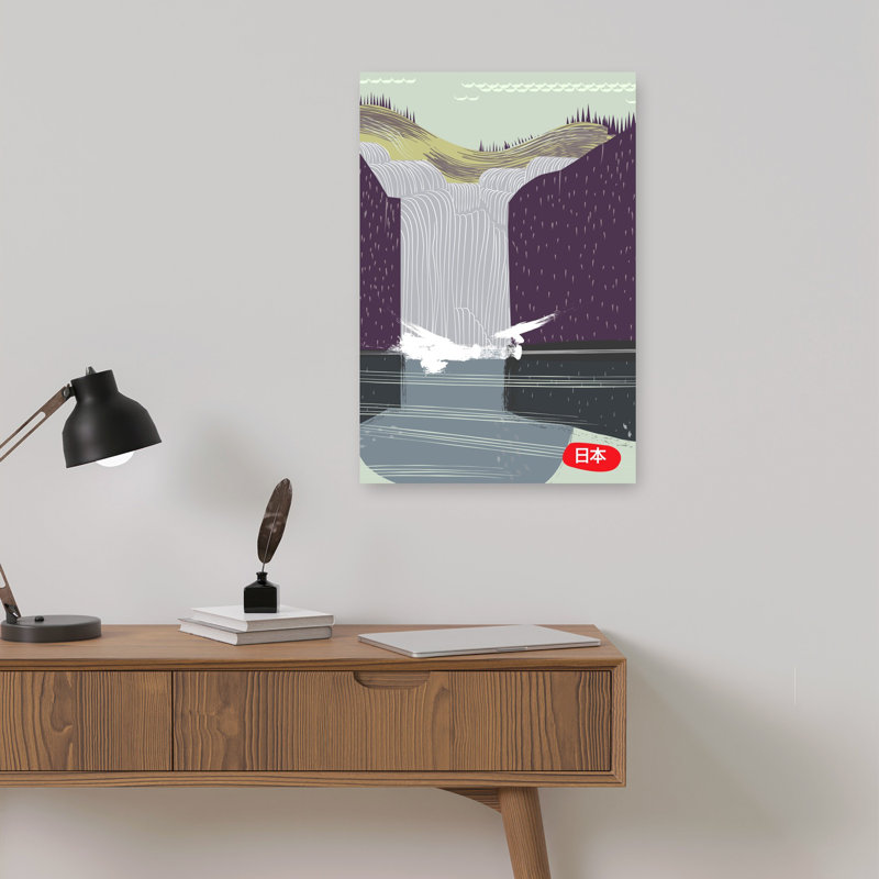 Japanese Waterfall Birds Minimalist Peaceful Retro Bird Forest Landscape Wall Art Print 1 Piece Wrapped Canvas Wall Art