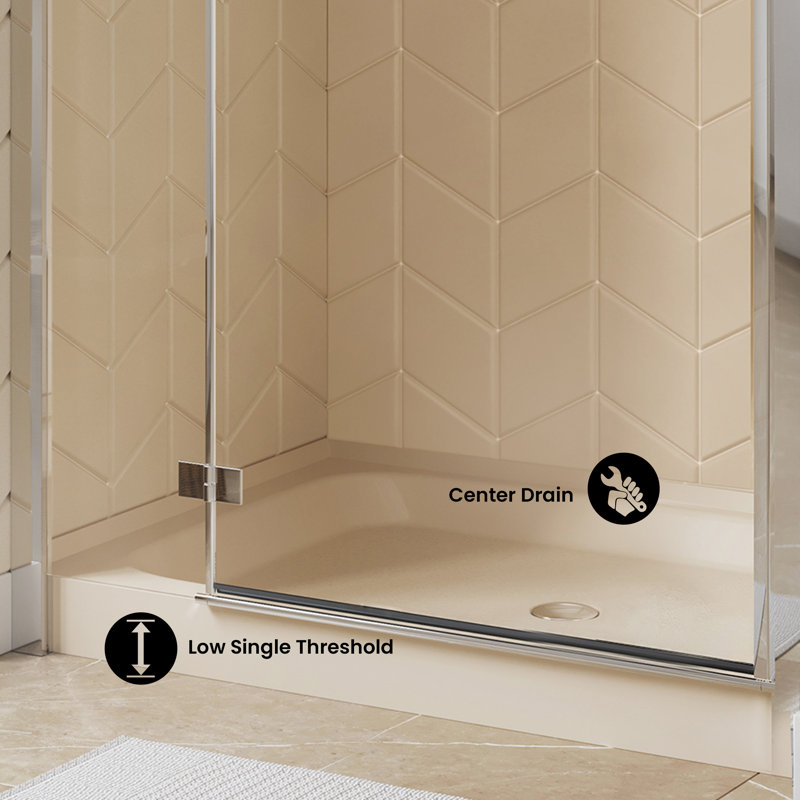 Voltaire 48 po x 32 po à simple seuil, bonde centrale et base de douche Voltaire, Biscuit