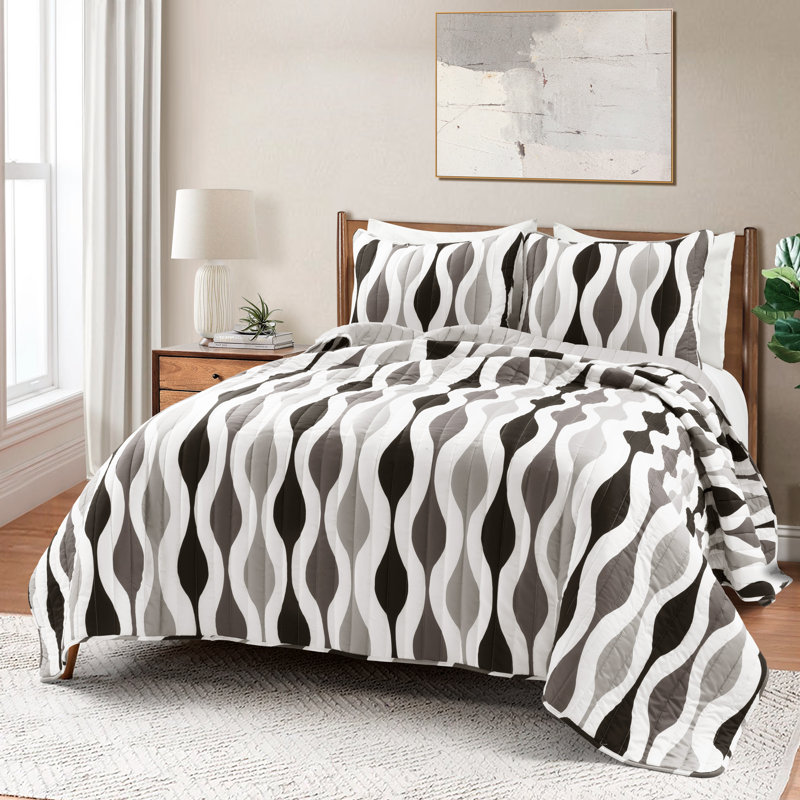 Lush Decor Mid Century Geo Quilt Set, Black/Gray, King