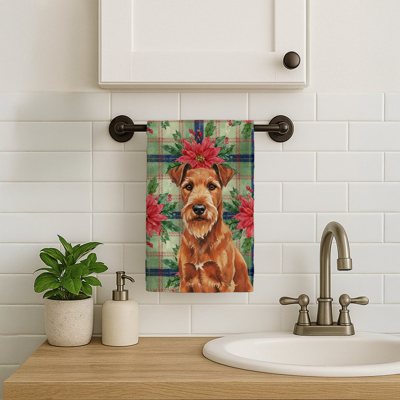 Irish Terrier Christmas PoinsettIas Kitchen Towel, Brown Irish Terrier