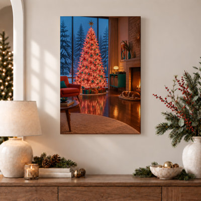Arbre rose dans un salon douillet avec fenêtre enneigée, art mural sur toile de Noël