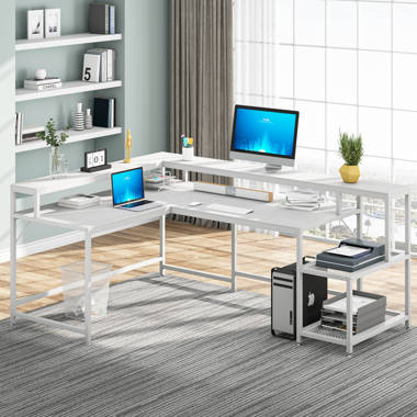 Fortson 95.2 L Shaped Desk with Shelves, Reversible Corner Computer Desk or 2 Person Long Table 17 Stories Color (Top): Oak