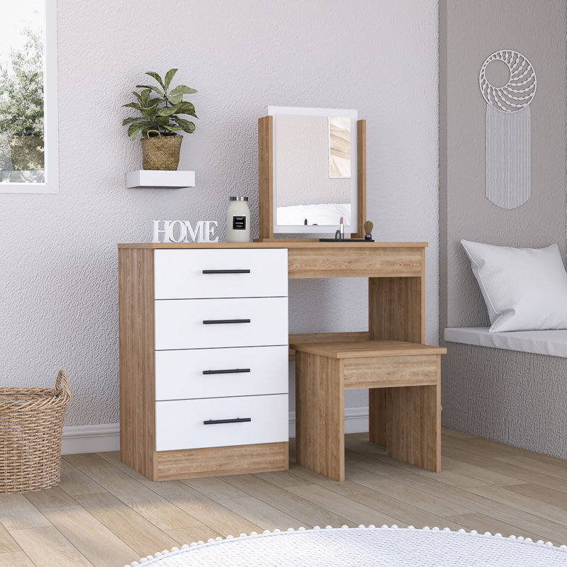 Coiffeuse Kaia avec miroir et 4 tiroirs, tabouret inclus, Pin / blanc
