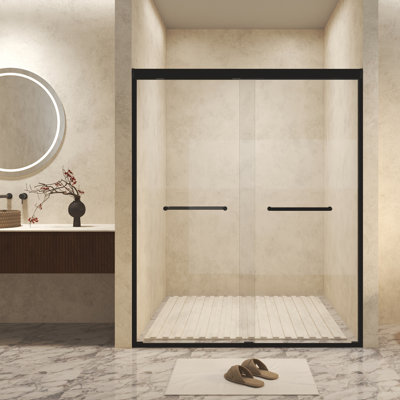 Verre trempé avec film antidéflagrant, porte de douche coulissante double en aluminium, 1/4 (6 mm), poignée en acier inoxydable, noir mat