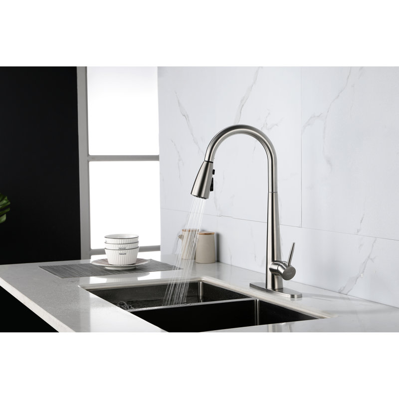 Robinet d'évier de cuisine rétractable à poignée simple en acier inoxydable, conception en nickel brossé, buse haute rotative à 360 °, trois modes de sortie d'eau pour différentes utilisations, commande à levier, traitement de la saleté