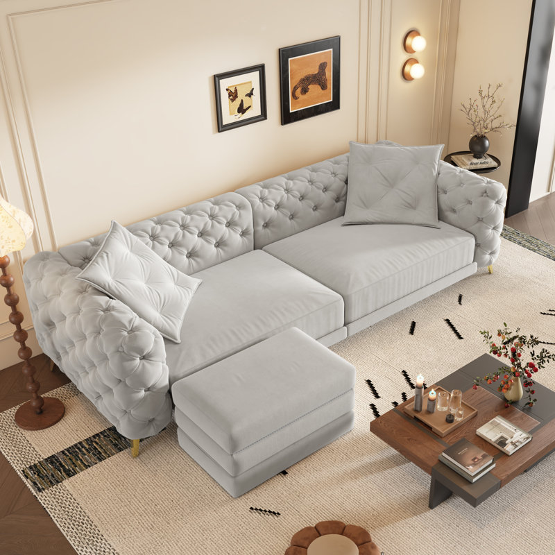 Canapé-lit 97,7 po en velours rembourré, très grand canapé-lit coulissant, canapé Chesterfield 4 places avec 2 coussins, gris