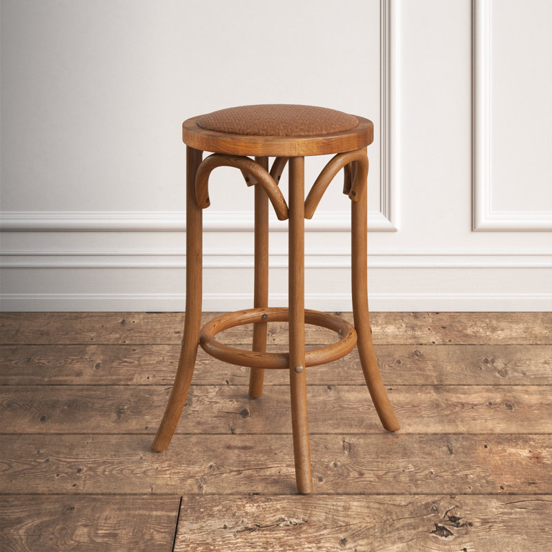 Walnut Brown Elm Wood & Rattan 24" Backless Counter Stool