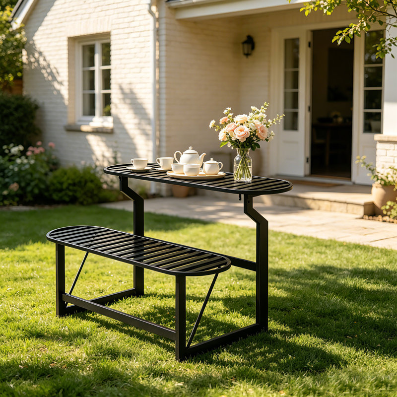 Banc d'extérieur en métal, banc de table tout-en-un avec trou pour parasol, Noir