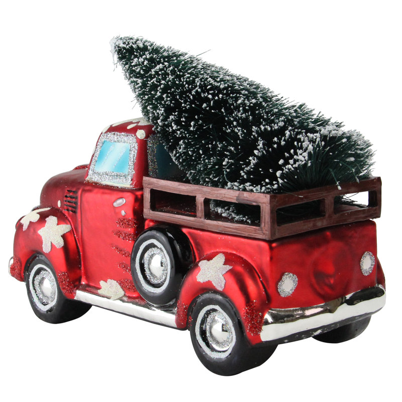 Décoration de Noël 8,25 po camion rouge rétro transportant un arbre givré