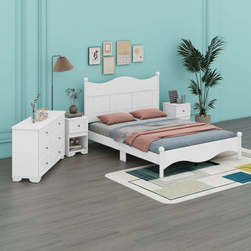  Ensemble de chambre à coucher de style rétro 4 pièces avec table de chevet et commode avec poignée en métal Anfernee, Blanc