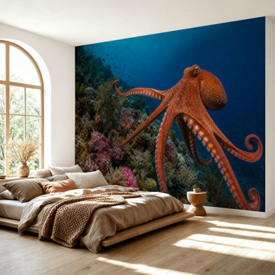 Wall Mural Peel and Stick Wallpaper Big orange octopus blue water coral Self-Adhesive Removable Contact Paper Wall Decor for Living Room Bedroom 69"H x 96"W