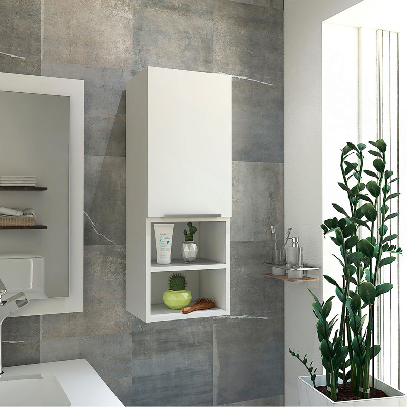 Armoire de salle de bain avec deux tablettes intérieures, deux tablettes extérieures et une porte, Blanc