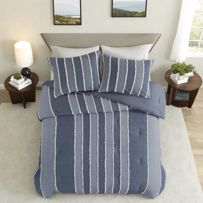 Ensemble d'édredon rayé en coton bleu Modern Modern