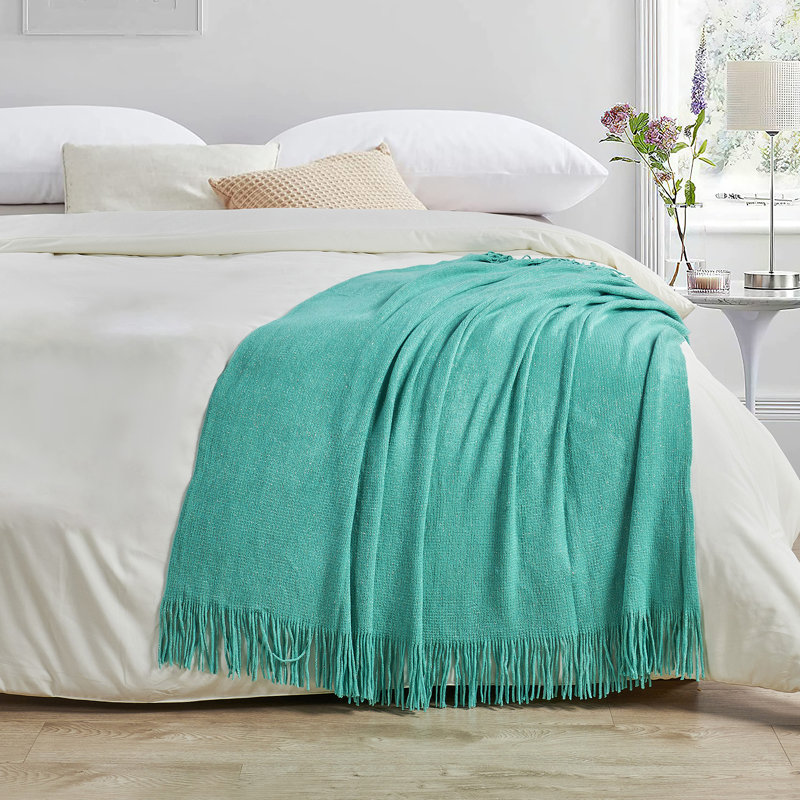 Turquoise Knitted Throw Blanket with Gold Metallic Yarn