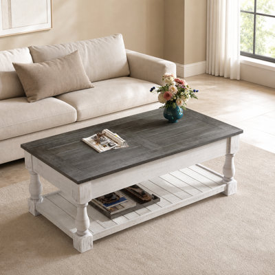 Table basse à plateau relevable Farmhouse avec tablette fixe et compartiments de rangement cachés, plateau de table en bois massif fabriqué à la main, centre de table de salon à deux niveaux avec finition rustique