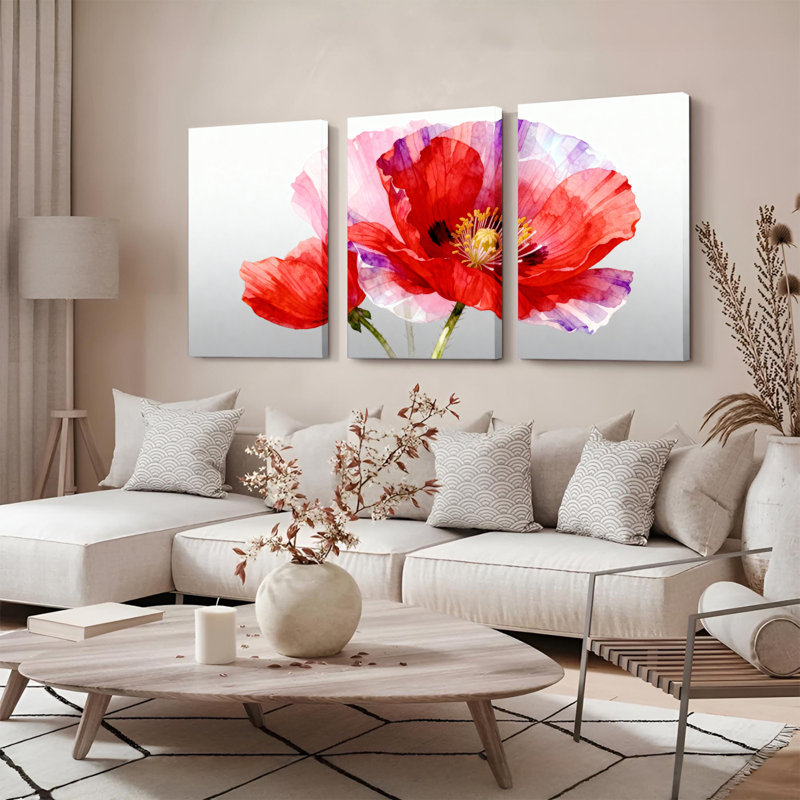 Tableau aquarelle floral de coquelicots rouges sur toile tendue (lot de 3), H 24 po x l 48 po