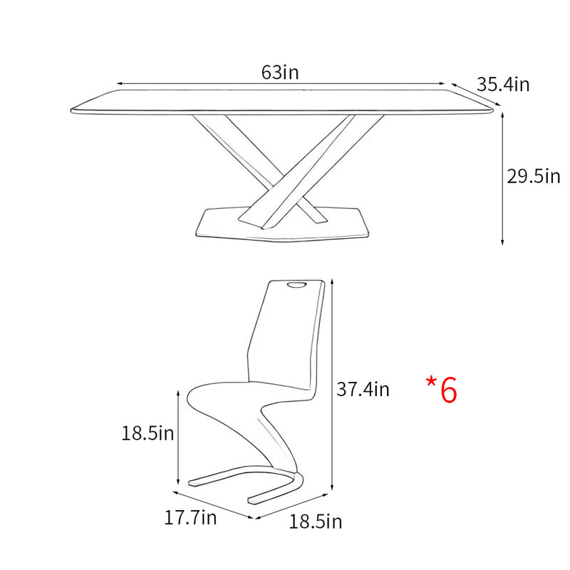 Light luxury simple rectangular dining table sets, 29.5"H x 63"L x 35.4"W
