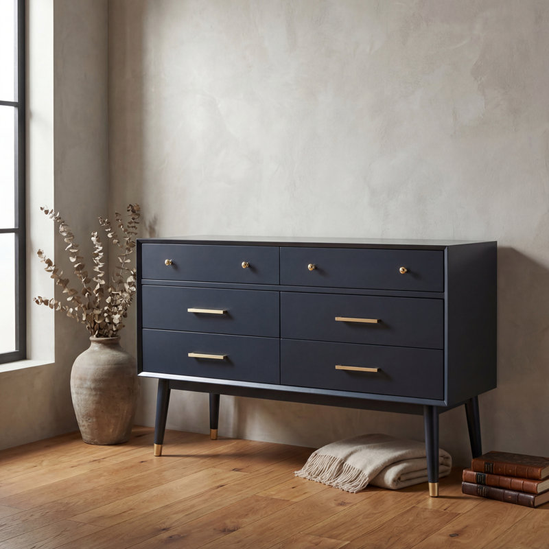 Zack 6 Drawer Wood Dresser, Navy/Brass