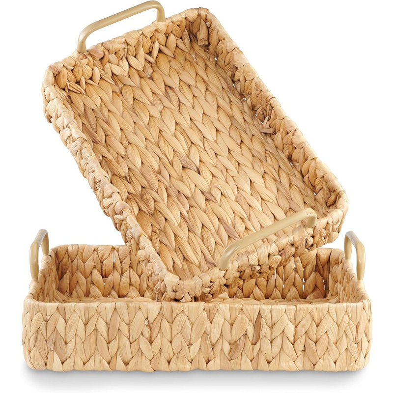 Rectangular Wicker Trays With Handles, Decorative Trays For Coffee Table, Ottoman, And Home Decor