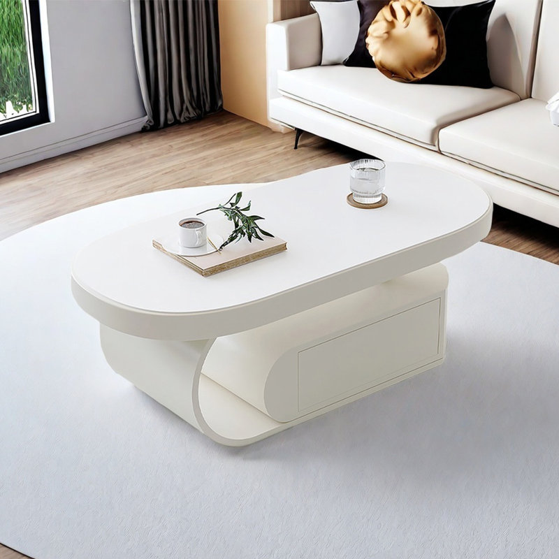 Table basse moderne simple de forme ovale, Blanc, H 16,5 po x L 51,2 po x l 27,6 po, Blanc