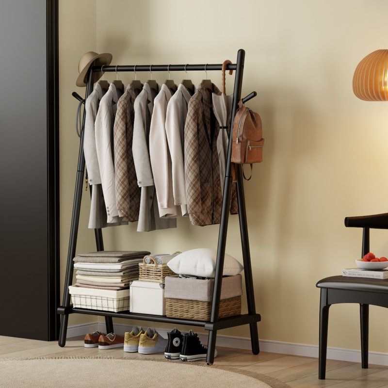 Portant à vêtements en bois massif, organisateur de vêtements autoportant avec tablette inférieure et crochets latéraux, Noir