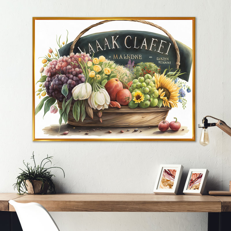 Fruit in Basket II - reproduction sur toile, L 32 po x H 24 po, Toile avec cadre flottant or