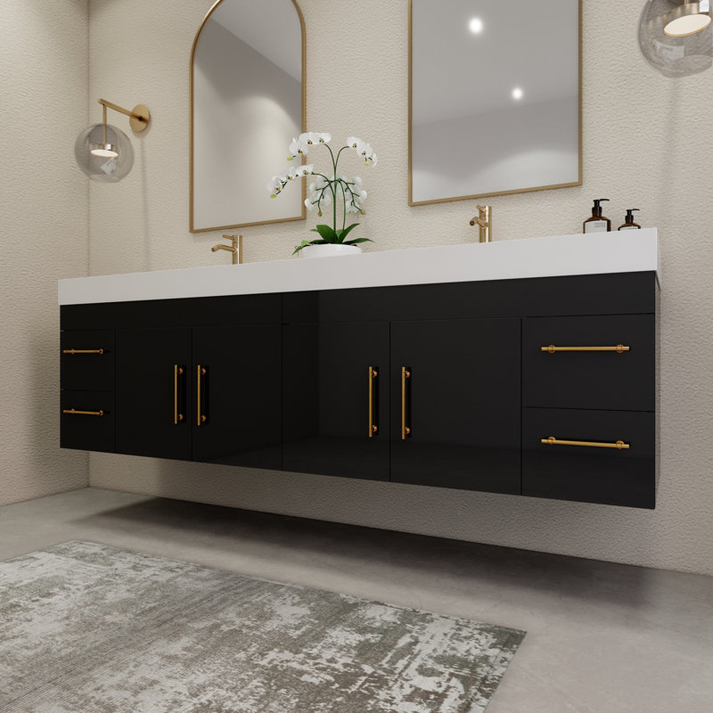83.4" Wall-Mounted Double Bathroom Vanity Set, Glossy Black