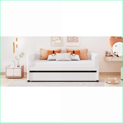 Twin Size Velvet Upholstered Daybed with Ergonomic Backrest & Trundle, Beige – No Box Spring Needed
