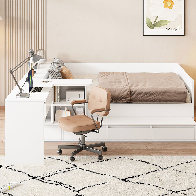 Lit plateforme double en blanc, enceinte à trois côtés pour bureau d'ordinateur portable en bois avec finition blanche, 2 1 fonction et meuble-lavabo, 4 tiroirs