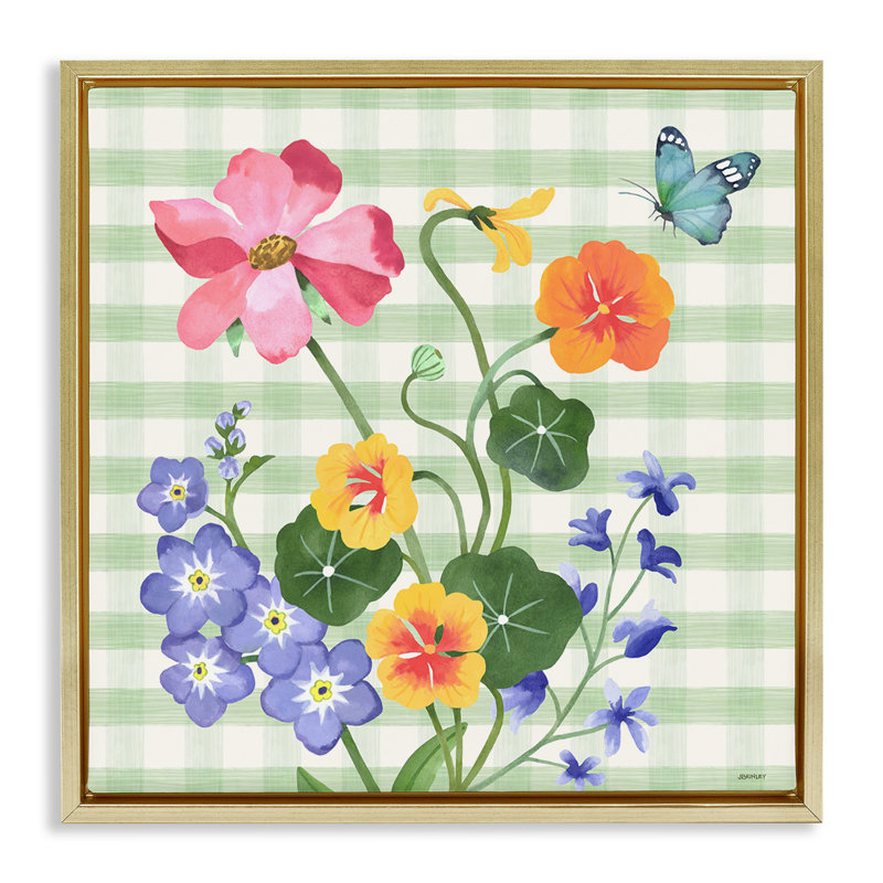 "Gingham Garden Flowers", encadrée par Floater, Cadre flottant métallique doré, H 25 po x l 25 po