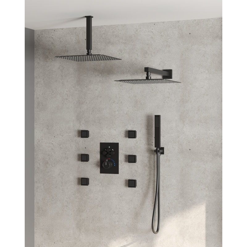  Thermostatic Dual Showerheads System, 12" High-Pressure Rainfall Shower Faucet with Handheld Spray and Body Jet, Matte Black