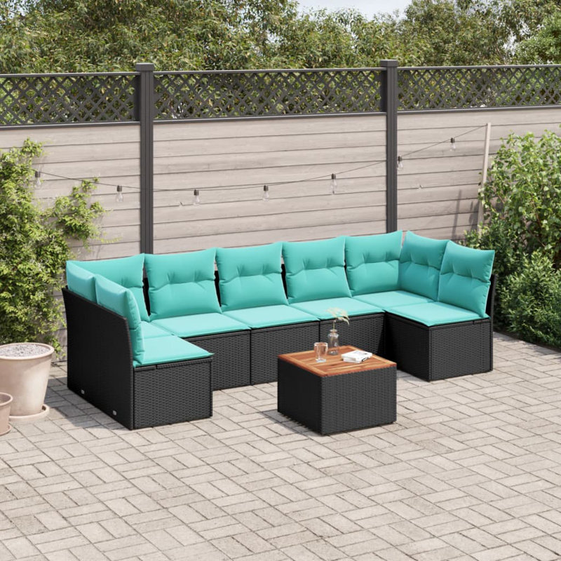 Ensemble de canapé de patio 8 pièces avec coussins en rotin de polyester, Bleu clair, Noir