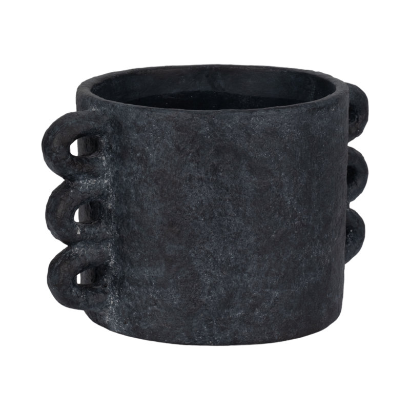 Pottery and Cement Planter with Unique Multi-Loop Handle Design Stylish Contemporary Accent, Black, 8" H x 13" W x 9" D