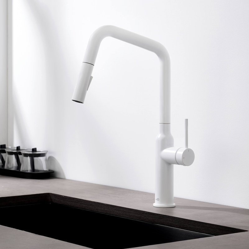 Robinet de cuisine à poignée simple avec accessoires Macon, Sans distributeur de savon, Blanc mat