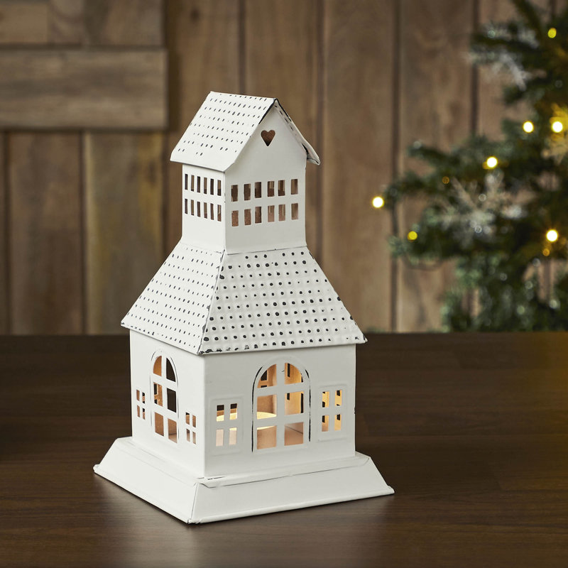 Festive Finds Tealight Holder Metal Village House A 9.5x5.5x5.5, Antique White