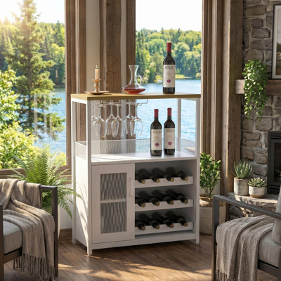 Bar à vin industriel avec support pour 12 bouteilles et porte-verres, armoire à alcool pour la cuisine et la salle à manger, buffet à porte en filet, blanc