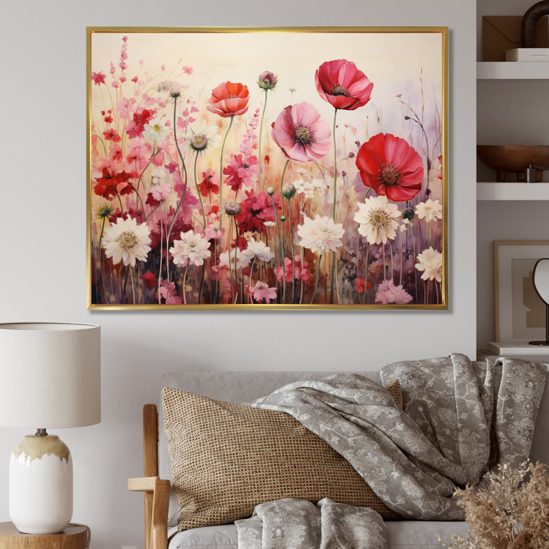 Corail, champ de rubis, jardin I - reproduction, H 24 po x l 32 po x P 1 po, Cadre flottant doré