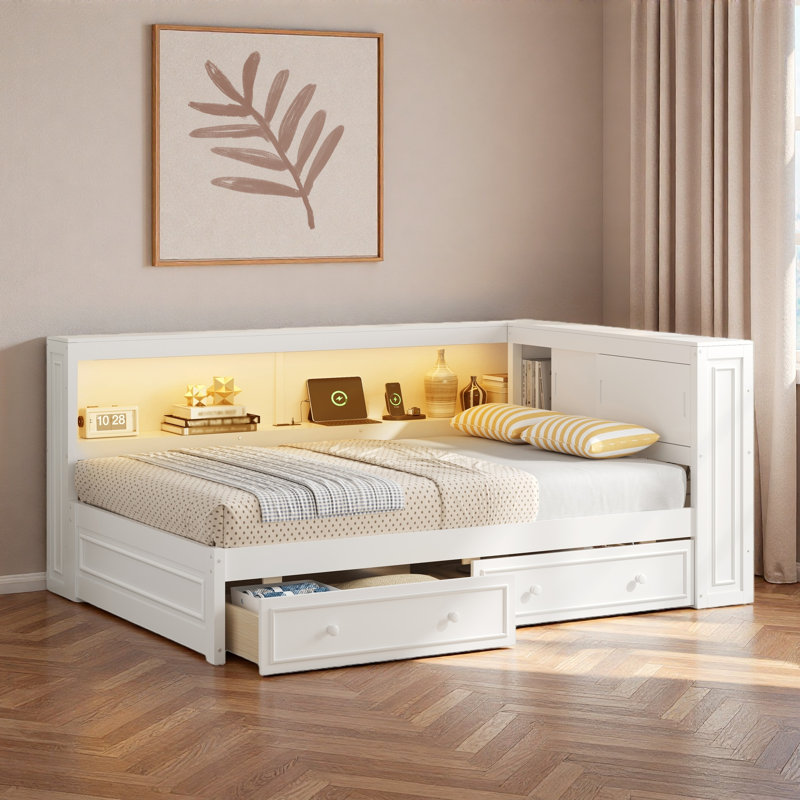 Multiple Daybed With Storage Shelves, Usb, Led, And 2 Drawers, White