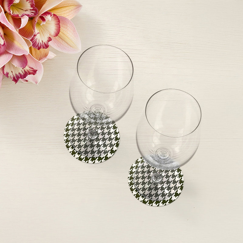 Houndstooth Black White Vegan Leather Round Coasters, Green White