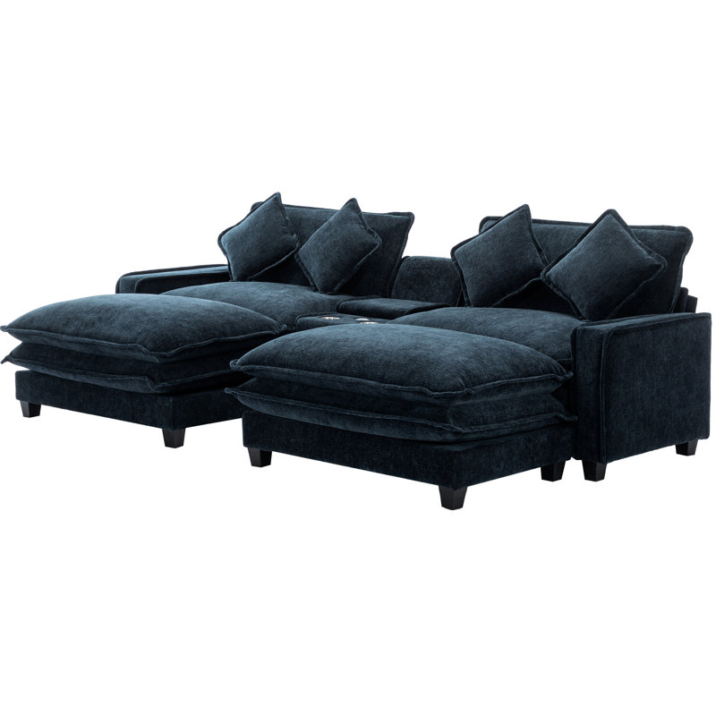 Blue Chenille 111" , Double Cushion Design, Two Ports, Cup Holders, And Removable Ottomans For Relaxing Living Room, Cushion,