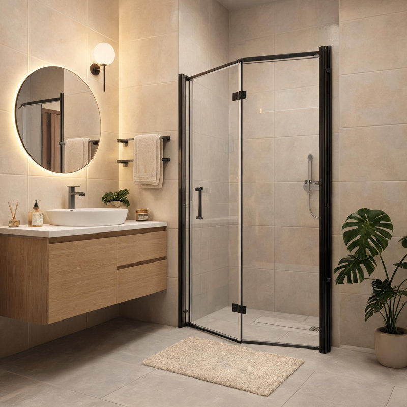 Porte de douche pliable sans cadre en alliage d'aluminium noir mat de 81 cm x 183 cm avec verre trempé