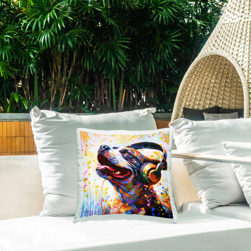 Happy Dog & Headphones Printed Outdoor Throw Pillow Design by Leon Devenice