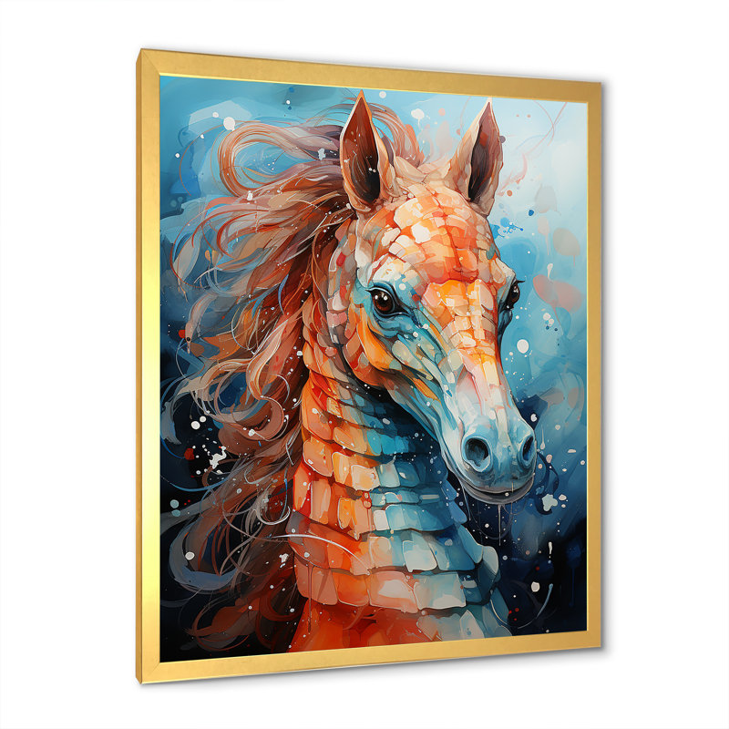 «Orange and Blue Seahorse Symphony 3», Encadrement doré, H 32 po x l 24 po x P 1 po