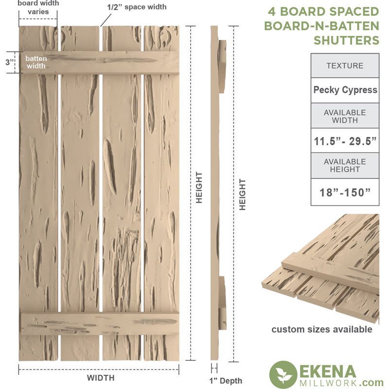 Volets rustiques en faux bois à quatre planches espacées (par paire), Texture cyprès Pecky / brun clair apprêté, 23"