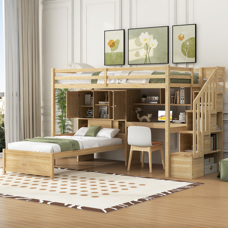Lit superposé en L avec bureau et système de rangement, Naturel