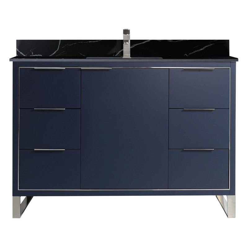 Meuble-lavabo sur pied simple avec plateau en pierre 48 po Gerzon, Chrome, Bleu marine